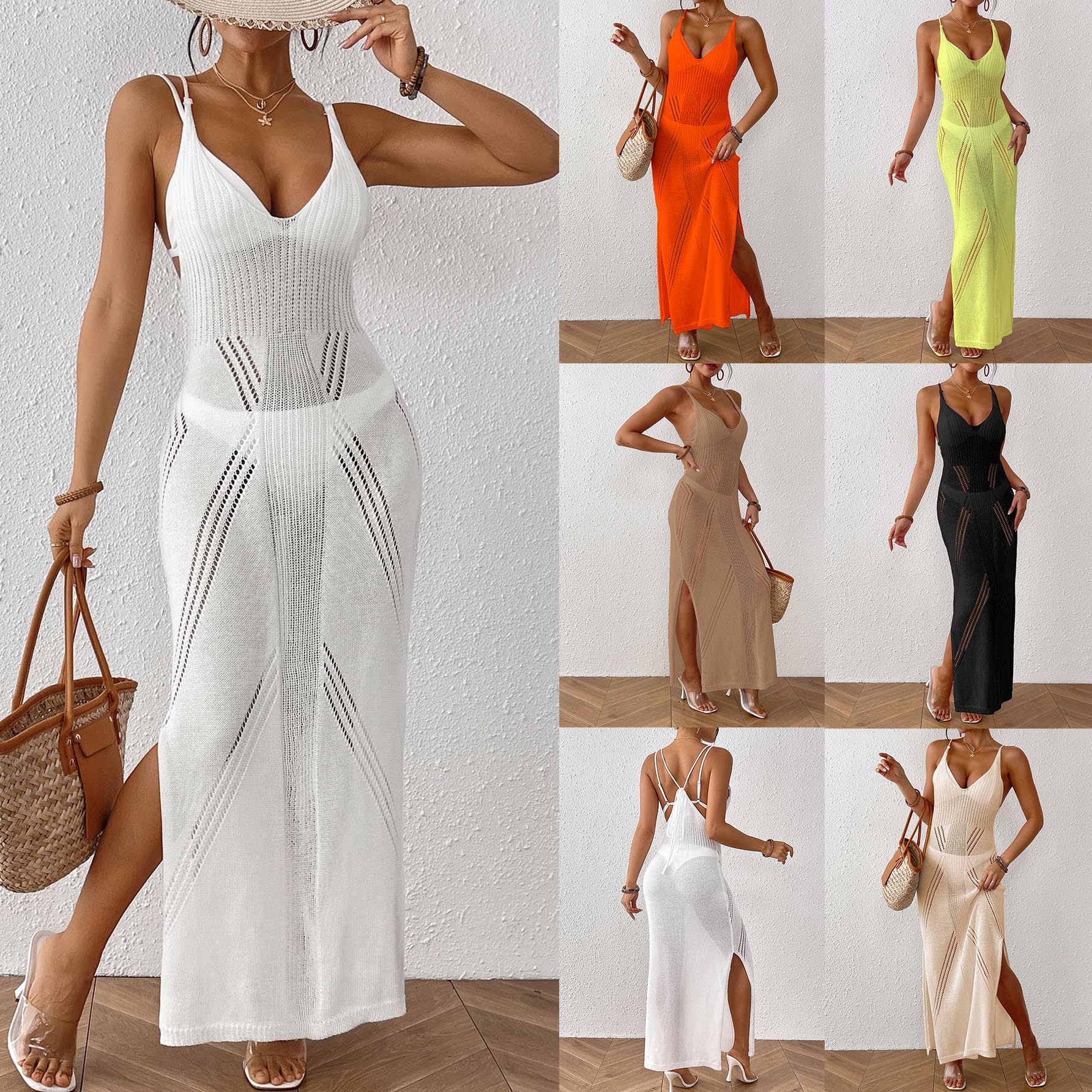 Beach Knit Split Maxi Dress Sleeveless V-Neck Crochet Beach Cover Up